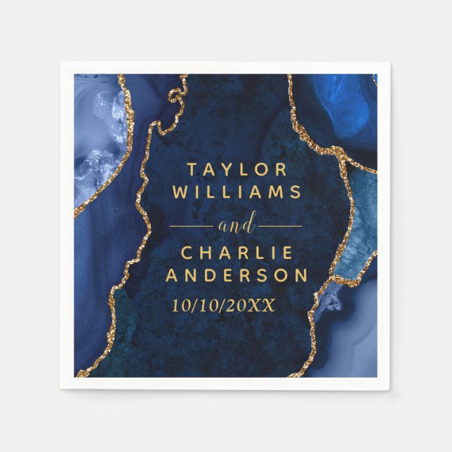 Navy Blue and Gold Agate Marble Wedding Napkin (Front)