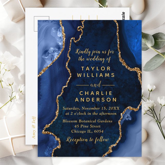 Navy Blue and Gold Agate Marble Wedding Postcard (Creator Uploaded)