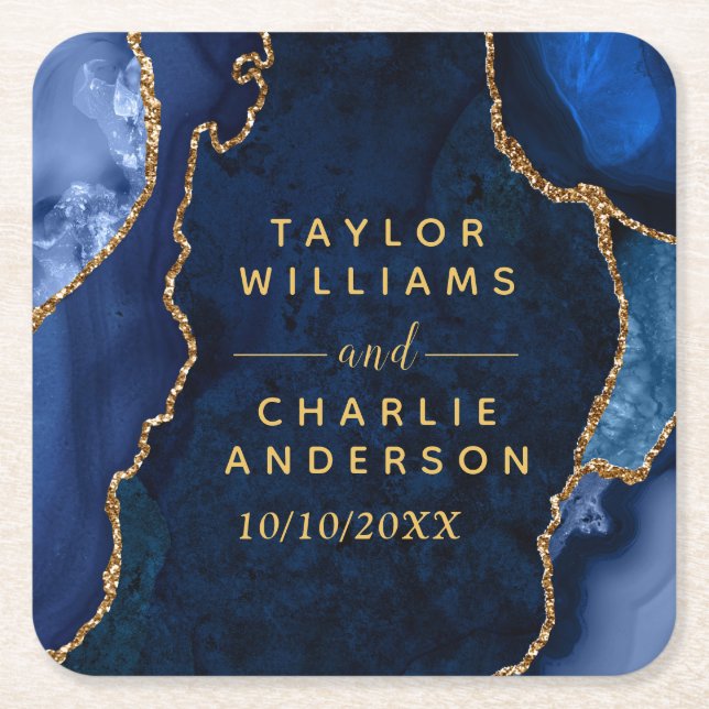 Navy Blue and Gold Agate Marble Wedding Square Paper Coaster (Front)