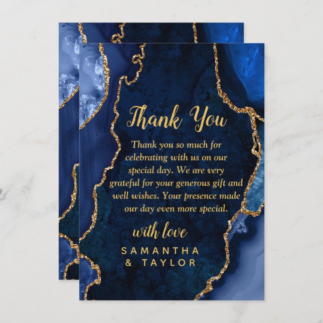 Navy Blue and Gold Agate Marble Wedding Thank You Card (Front/Back)