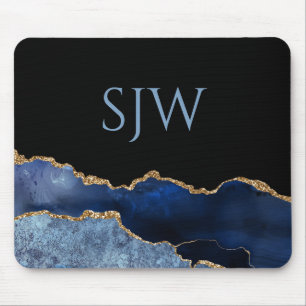 Navy Blue and Gold Agate Monogram Mouse Mat