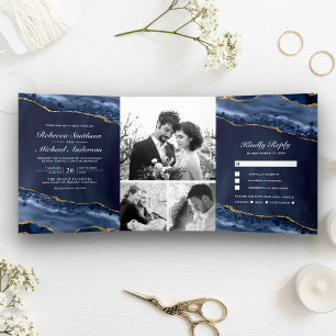 Navy Blue and Gold Agate Photo Collage Wedding Tri-Fold Invitation