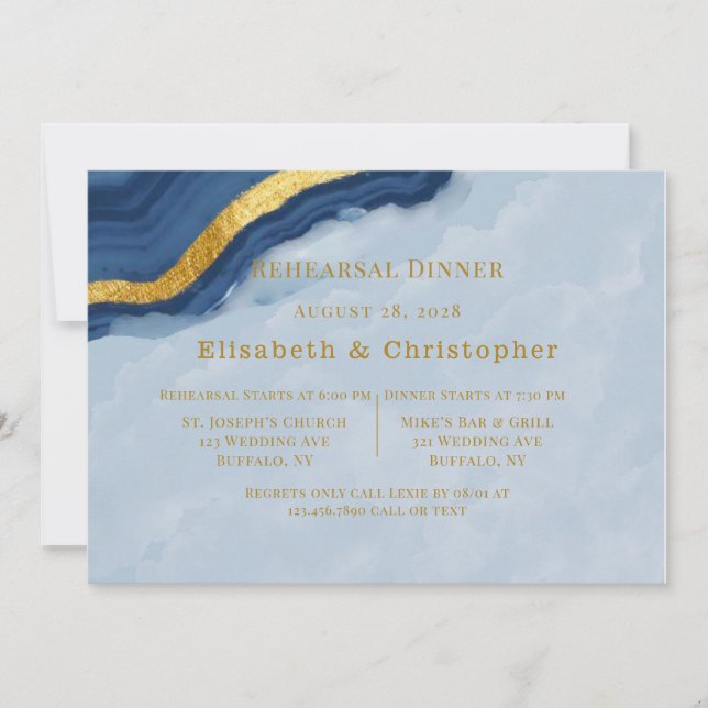 Navy Blue and Gold Agate Rehearsal Dinner Invitation (Front)