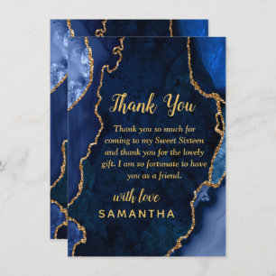 Navy Blue and Gold Agate Sweet Sixteen Thank You Card