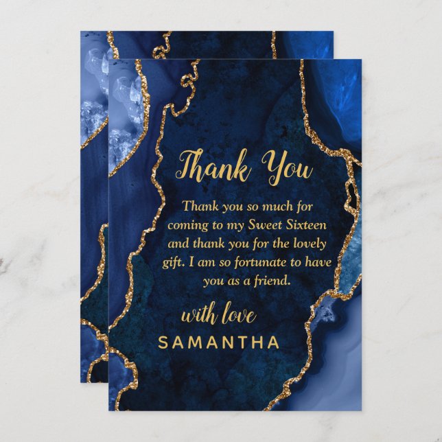 Navy Blue and Gold Agate Sweet Sixteen Thank You Card (Front/Back)