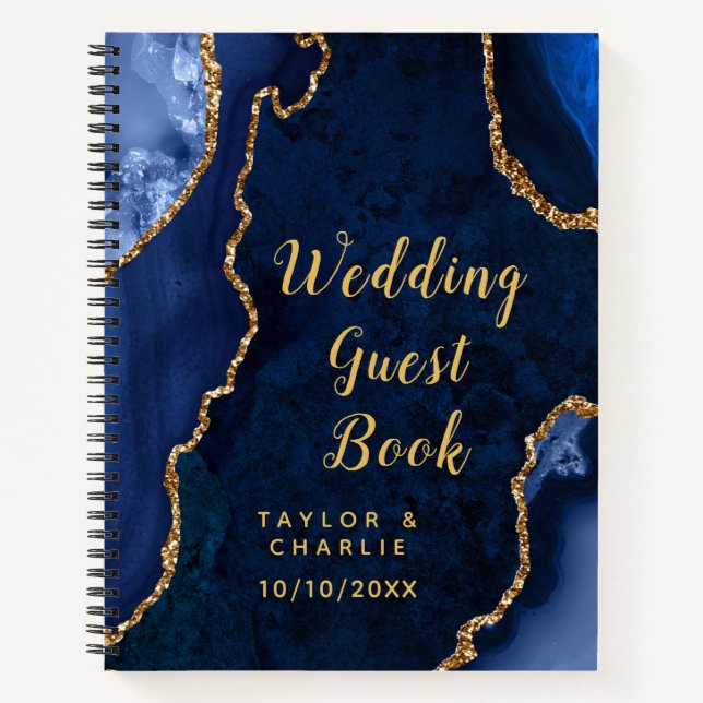 Navy Blue and Gold Agate Wedding Guest Book (Front)