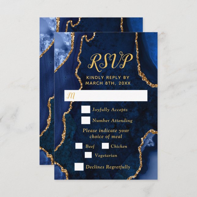 Navy Blue and Gold Agate Wedding Meal Choice RSVP Card (Front/Back)