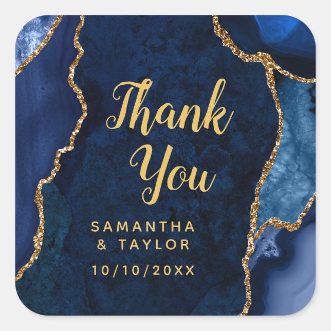 Navy Blue and Gold Agate Wedding Thank You Square Sticker (Front)