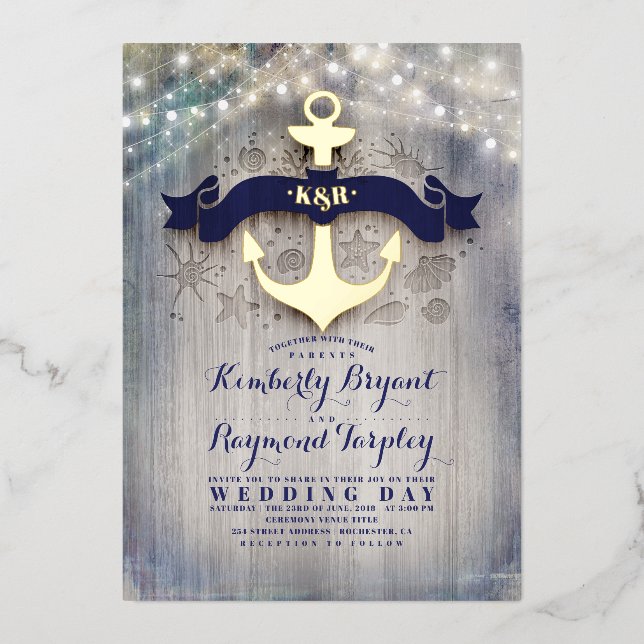 Navy Blue and Gold Anchor Rustic Beach Wedding (Front)