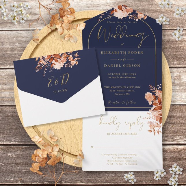 Navy Blue And Gold Arch Rustic Floral Fall Wedding All In One Invitation (Navy Blue And Gold Arch Rustic Floral Fall Wedding All In One Invitation)