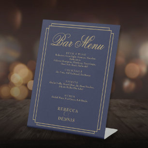 Navy Blue And Gold Art Deco Wedding Bar Menu Pedestal Sign