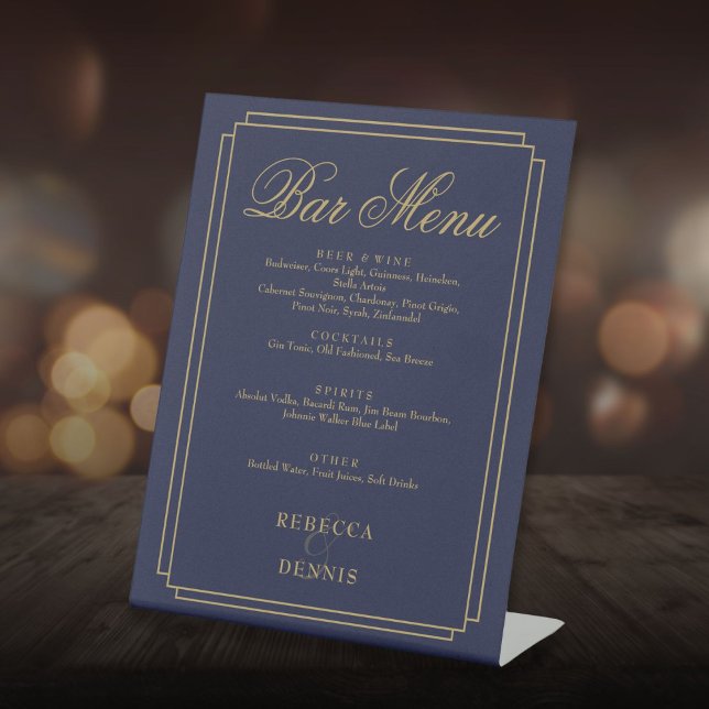 Navy Blue And Gold Art Deco Wedding Bar Menu Pedestal Sign (Navy Blue And Gold Art Deco Wedding Bar Menu Pedestal Sign)