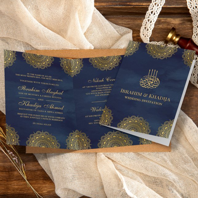Navy Blue and Gold Asian Motif Muslim Wedding Invitation (Creator Uploaded)
