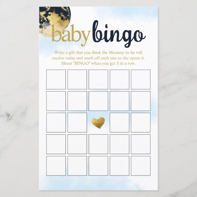 Navy Blue and Gold Baby Bingo Baby Shower Game (Front)