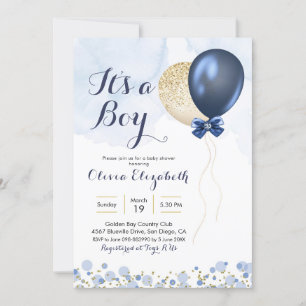 Navy Blue and Gold Balloon Boy Baby Shower Invitation
