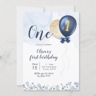 Navy Blue and Gold Balloon Boy First Birthday  Inv Invitation