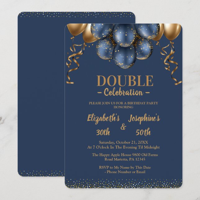 Navy Blue and gold balloons double joint birthday Invitation (Front/Back)