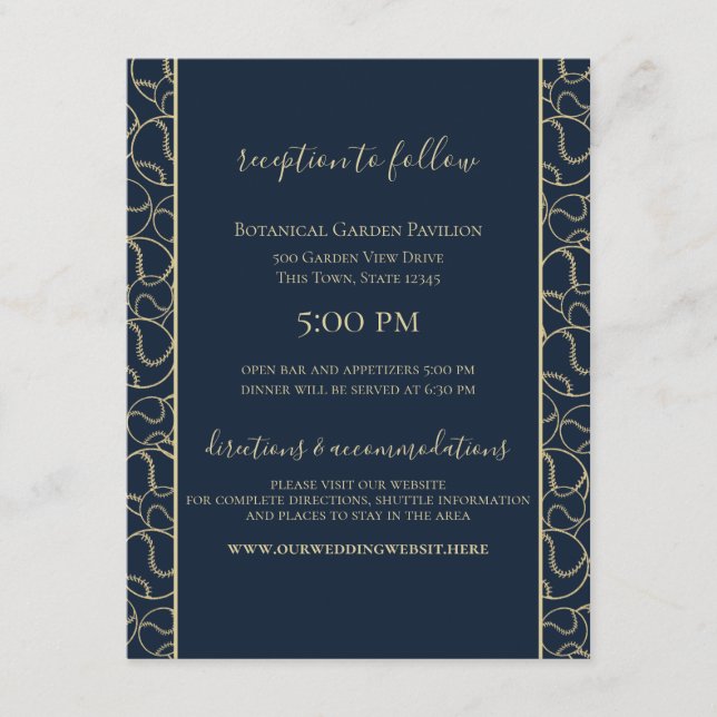 Navy Blue and Gold Baseball Wedding  Enclosure Card (Front)
