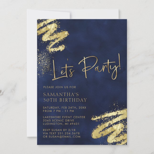 Navy Blue and Gold Birthday Invitation (Front)