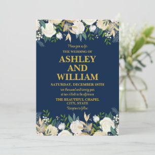 Navy Blue and Gold Boho Bohemian Greenery Wedding Invitation
