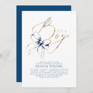 Navy Blue and Gold Bow Boy Baby Shower Invitation
