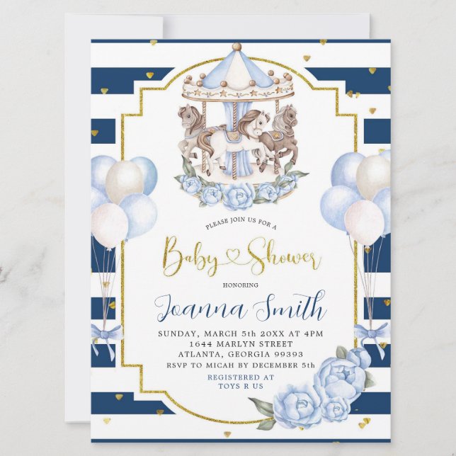 Navy Blue and Gold Boy Carousel Baby Shower Invite (Front)