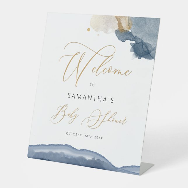  Navy Blue And Gold Boy Welcome Baby Shower Sign (Front)