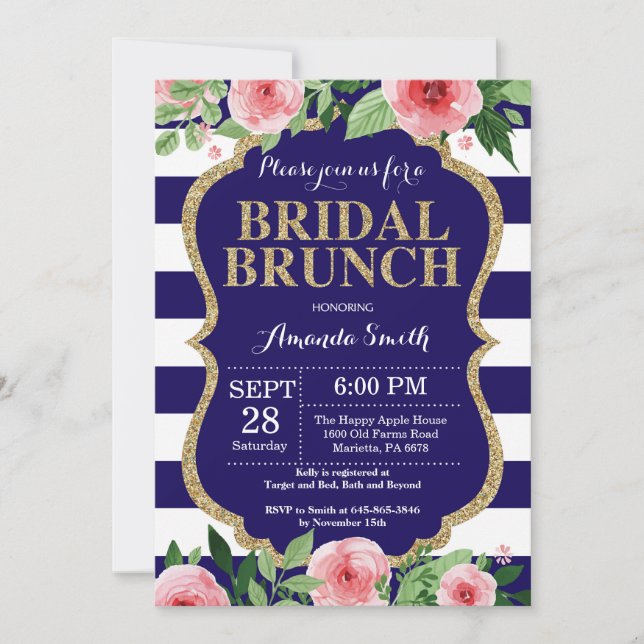 Navy Blue and Gold Bridal Brunch Invitation Floral (Front)
