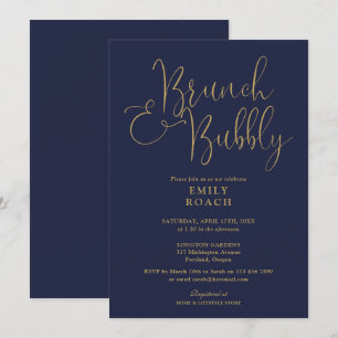 Navy Blue And Gold Brunch And Bubbly Bridal Shower Invitation