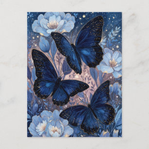 Navy Blue and Gold Butterfly with Blue Flower Postcard