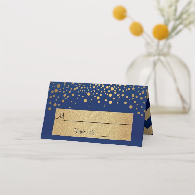 Navy Blue and Gold Chevron and Confetti Dots 2 Place Card (Front)