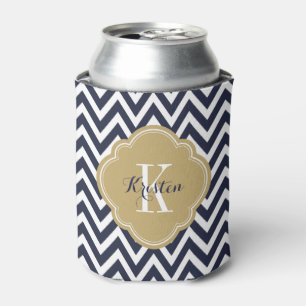 Navy Blue and Gold Chevron Monogram Can Cooler