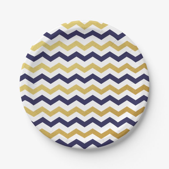 Navy Blue and Gold Chevron Pattern Paper Plates (Front)