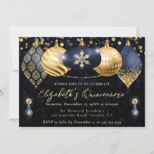 Navy Blue and Gold Christmas Baubles Quinceanera Invitation