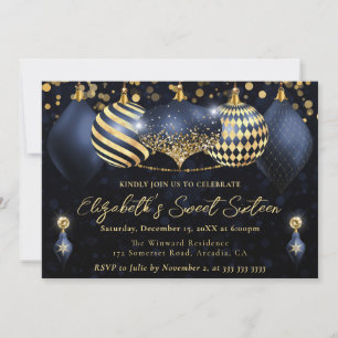 Navy Blue and Gold Christmas Baubles Sweet 16 Invitation
