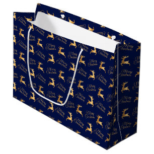 Navy Blue and Gold Christmas Reindeers Large Gift Bag