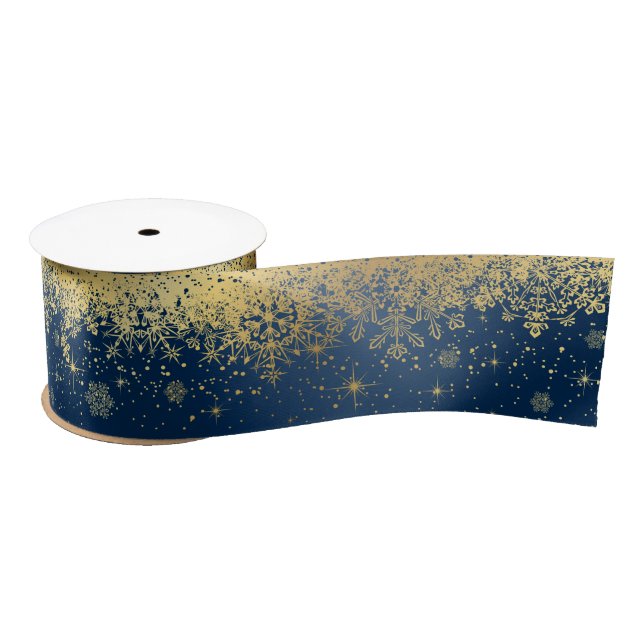 Navy Blue and Gold Christmas Snowflakes Satin Ribbon (Spool)