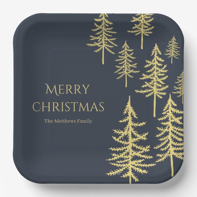 Navy Blue and gold Christmas tree  Paper Plate (Front)