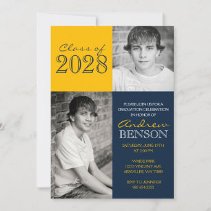 Navy Blue and Gold Classic 2 Photo Graduation Invitation