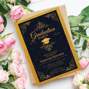 Navy Blue And Gold Classic Graduation Cap Party Invitation