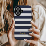 Navy Blue and Gold Classic Stripes Monogram<br><div class="desc">Protect your phone in style with this classic preppy striped iPhone case, featuring a timeless stripe pattern and a personalised name or monogram for a sophisticated touch. Choose from a variety of colours and fonts to match your aesthetic, whether you prefer bold, pastel, or neutral tones. Designed for durability and...</div>
