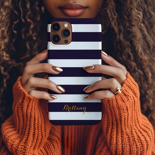 Navy Blue and Gold Classic Stripes Monogram Case-Mate iPhone Case (Creator Uploaded)