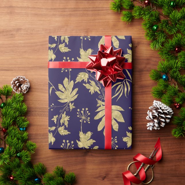 Navy Blue and Gold Coloured Plants and Leaves Wrapping Paper (Holiday Gift)