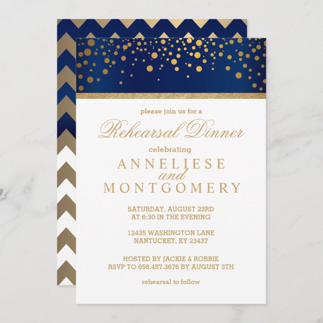 Navy Blue and Gold Confetti Dot - Rehearsal Dinner Invitation (Front/Back)