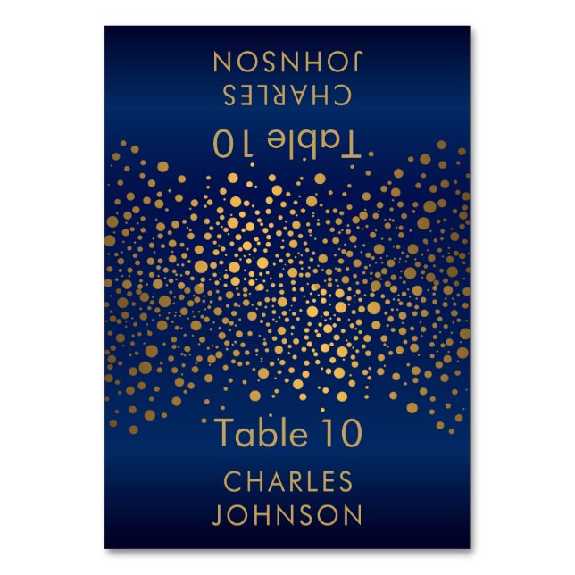 Navy Blue and Gold Confetti Dots 3 Place Cards (Front)