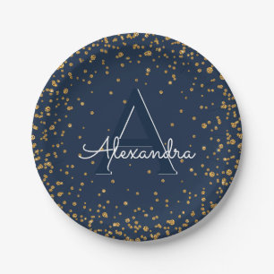 Navy Blue and Gold Confetti Monogram Birthday Paper Plate