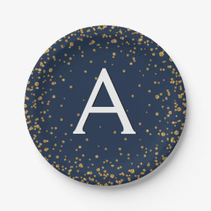 Navy Blue and Gold Confetti Monogram Birthday Paper Plate