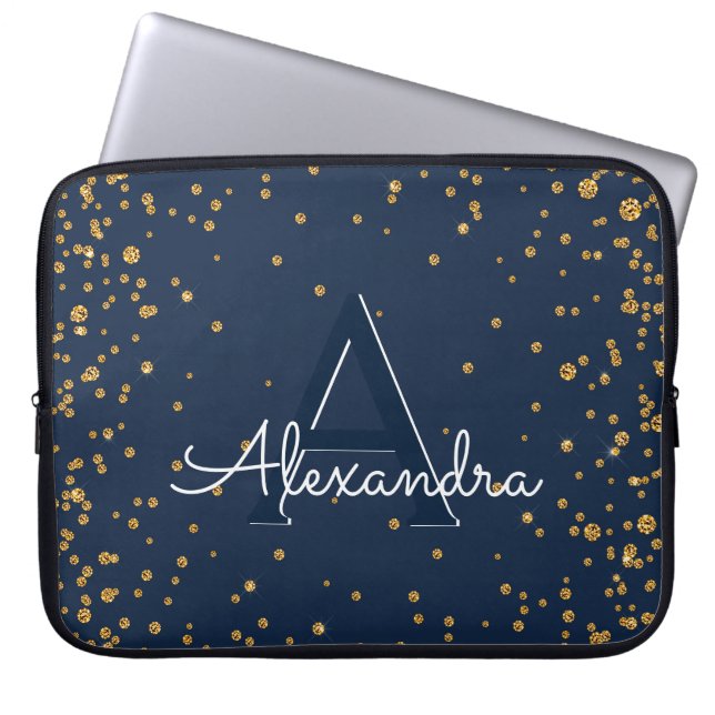 Navy Blue and Gold Confetti Monogram Laptop Sleeve (Front)