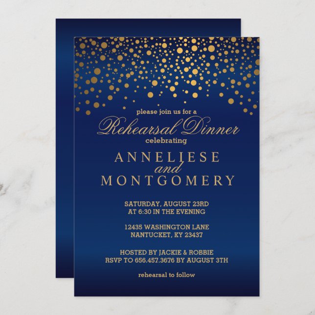 Navy Blue and Gold Confetti Rehearsal Dinner Invitation (Front/Back)