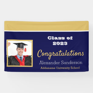 Navy Blue and Gold Congrats Grad Graduation Banner